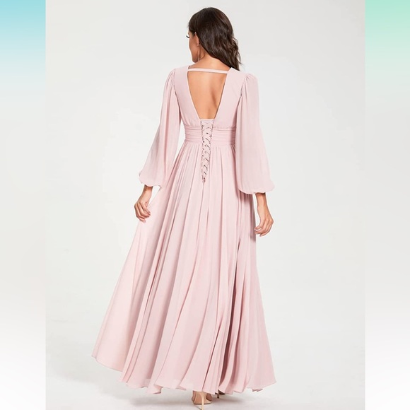 Women’s V Neck Long Sleeves Bridesmaid Dresses with - Picture 5 of 7